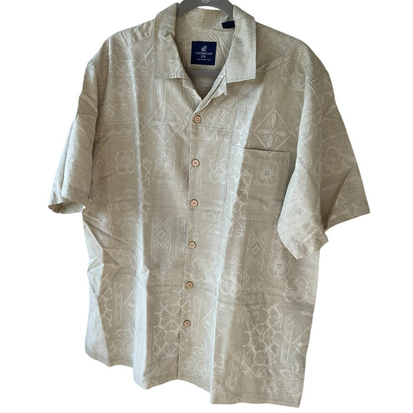 Caribbean Joe Shirt Mens XL Beige 100% Silk Floral Jacquard Button Up Camp - Picture 1 of 10